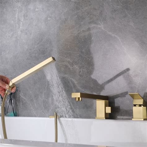 Brushed Gold Faucet Hot Cold Water Supply Deck Mounted 3 Hole Single Handle Brass Bath Mixer Tub