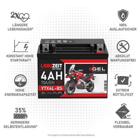 Langzeit Gel Motorradbatterie Ytx L Bs Ah V