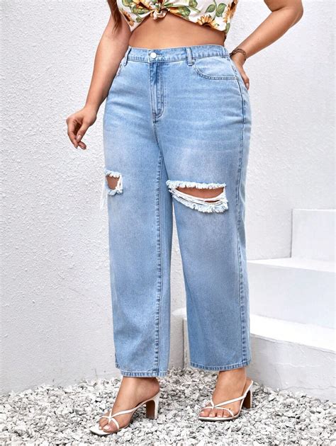 SHEIN Essnce Plus Ripped Straight Leg Jeans SHEIN USA