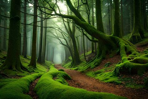 A Path Through A Green Forest With Mossy Trees Ai Generated