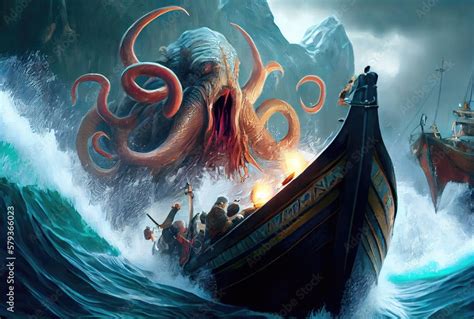 Kraken the giant octopus under the deep sea attacking and sinking the ...