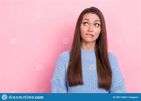 Photo Of Unsure Young Brown Hairdo Lady Look Promo Wear Blue Sweater