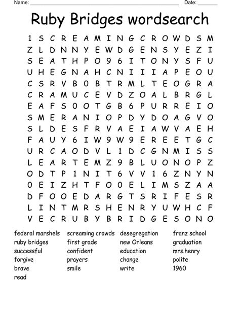 Ruby Bridges Wordsearch Wordmint