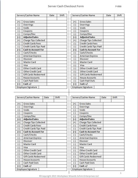 Restaurant Tip Out Sheet Template