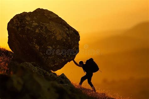 Man Pushing A Boulder On A Mountain Stock Illustration Illustration