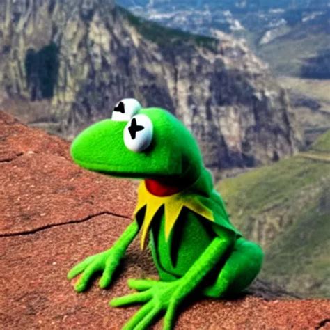 Kermit The Frog Drinking A Beer On The Edge Of A Cliff Stable