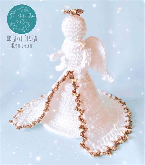 Crocheted Angel Ornament With A Gold Trim And Large Sprawling Dress Angel Christmas Tree Topper