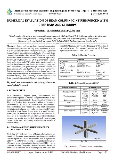 Numerical Evaluation Of Beam Column Joint Reinforced With Gfrp Bars And