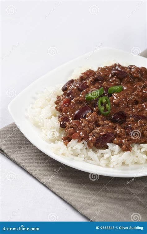 Chili con carne on rice stock image. Image of mealtime - 9558843