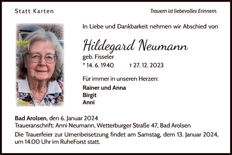 Traueranzeigen Von Hildegard Neumann Trauer Wlz Online De