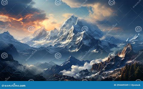 Majestic Mountain Peak Snow Capped Sky Painted With Stunning Sunset