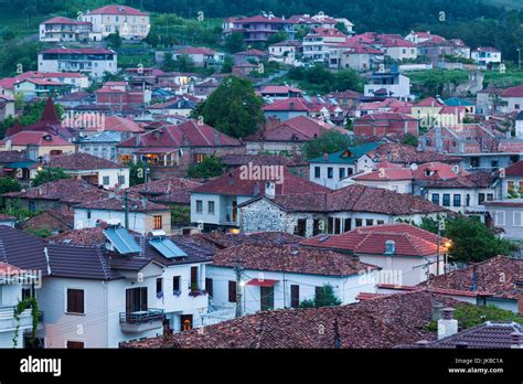 Albania, Korca, elevated town view, dusk Stock Photo - Alamy