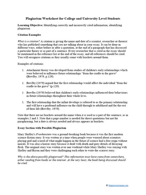 Plagiarism Worksheet Pdf Citation Plagiarism