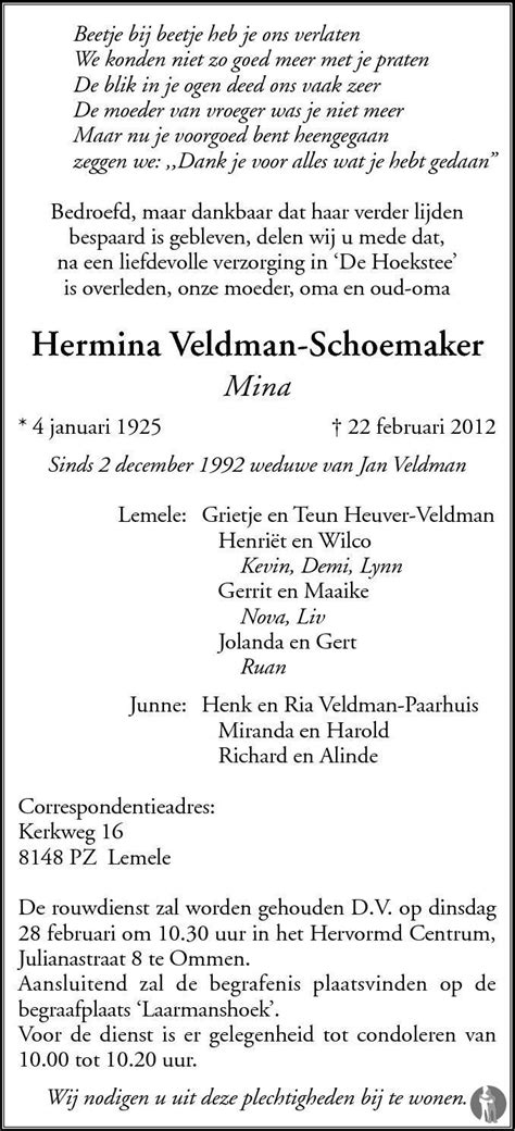 Hermina Mina Veldman Schoemaker 22 02 2012 Overlijdensbericht En