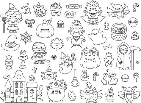 Vector black and white kawaii Halloween clipart set for kids. Cute line Samhain party coloring ...