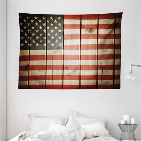 American Flag Decor Tapestry Usa Flag Over Vertical Striped Wooden