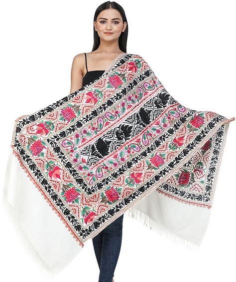 Snow White Wool Stole From Amritsar With Multi Color Aari Embroidered