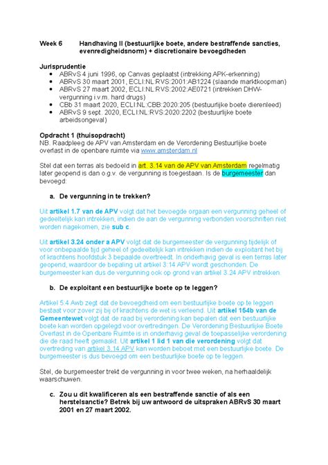 Bestuursrecht Werkgroep Week 6 Week 6 Handhaving II Bestuurlijke