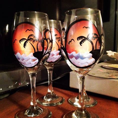 Hand Painted Sunset Beach Theme Wine Glasses Painted Wine Glass