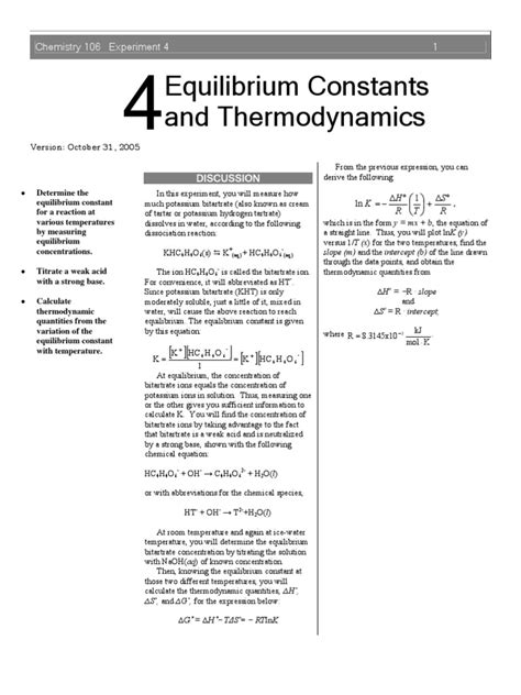 Chem 106 Exp 4 Equilibrium Constants And Thermodynamics Pdf