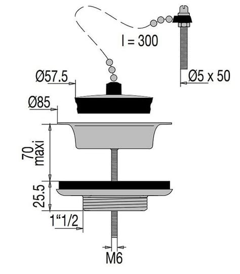 Bonde dévier Laiton D60 70l min avec bouchon chaînette pour evier grès