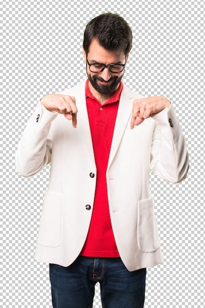 Premium Psd Brunette Man With Glasses Pointing Down