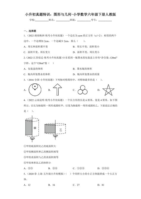 小升初真题专练：图形与几何 小学数学六年级下册人教版（有答案 有解析） 21世纪教育网