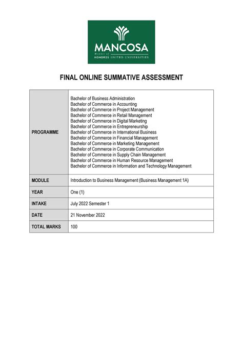 Introduction To Business Management Final OSA FINAL ONLINE SUMMATIVE