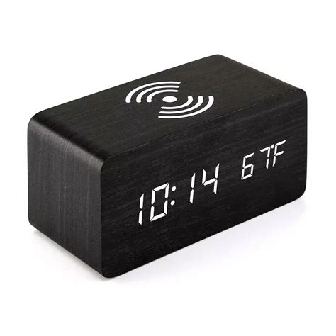 Modern Wooden Wood Digital Led Desk Alarm Clock Thermometer Qi Wireless