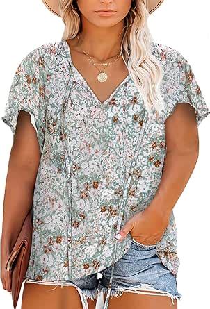 Eytino Women Plus Size Green Tops Boho Printed V Neck Short Sleeve