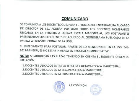 Ugelfajardo Gob Pe COMUNICADO PARA ENCARGO DE DIRECTIVOS EN