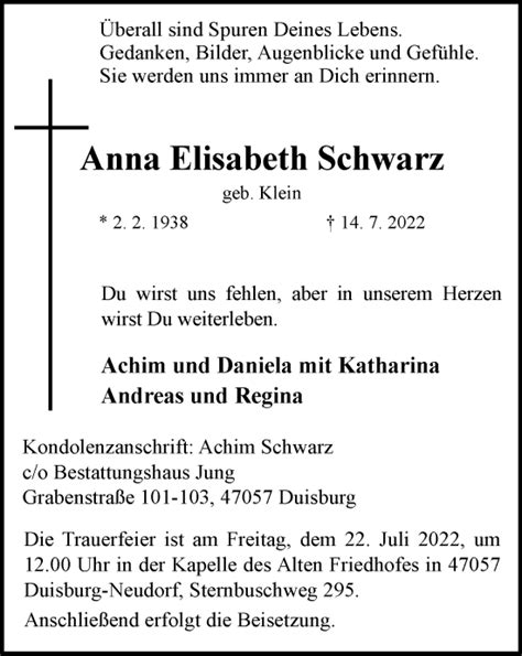 Traueranzeigen Von Anna Elisabeth Schwarz Trauer In Nrw De