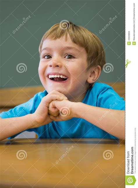 Happy Pupil Sitting At Desk In Classroom Stock Image Image Of Head Shoulders 43659859