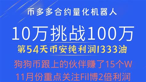 币多多10万挑战100万第54天币安纯利润1333油i伙伴跟着我埋伏狗狗币doge赚了15个wi狗狗币之后 11月份重点关注fil博2倍收益