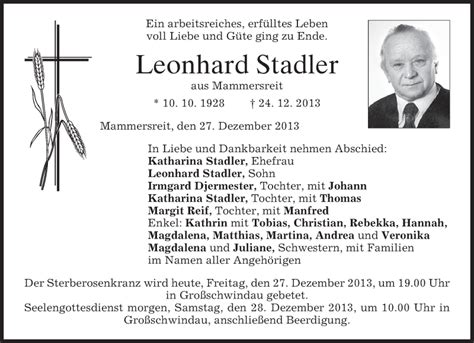 Traueranzeigen Von Leonhard Stadler Trauer Merkur De