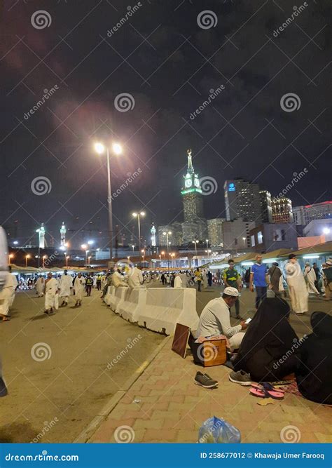 Pilgrims Sit Outside Masjid Al Haram Waiting For Prayers Editorial