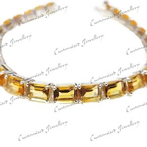 Mens Citrine Tennis Bracelet Silver Citrine Emerald Cut Tennis