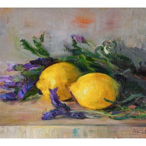 A Painting Of Two Lemons And Purple Flowers