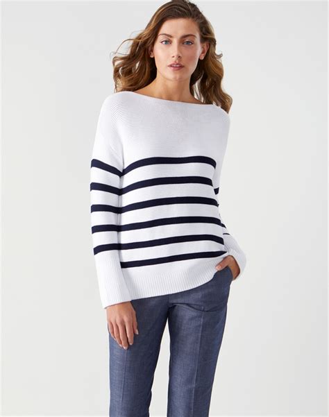 White Navy Stripe Cotton Boat Neck Textured Sweater Pure Collection