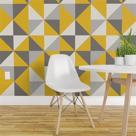 Mustard Yellow Gray Retro Triangles Spoonflower Bedroom Wall