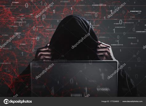 Hacker in a black hoodie, laptop, zeros and ones — Stock Photo ...