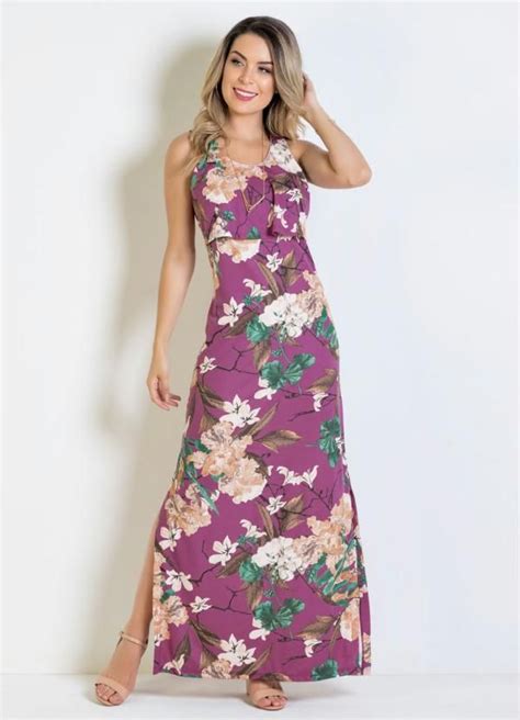 Queima Estoque Vestido Longo Floral Detalhe De Babado Vestidos