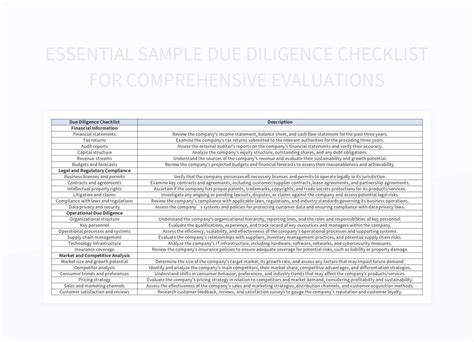 Essential Sample Due Diligence Checklist For Comprehensive Evaluations