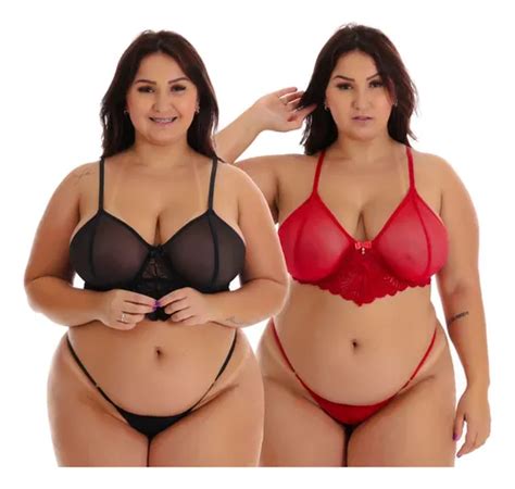 Kit Conjunto Lingerie Plus Size Aro Tule Transparente Parcelamento Sem Juros