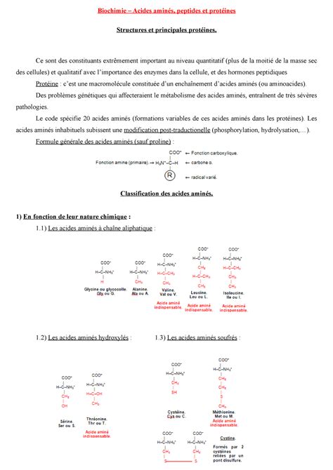 Acides amines Biochimie Acides aminés peptides et protéines