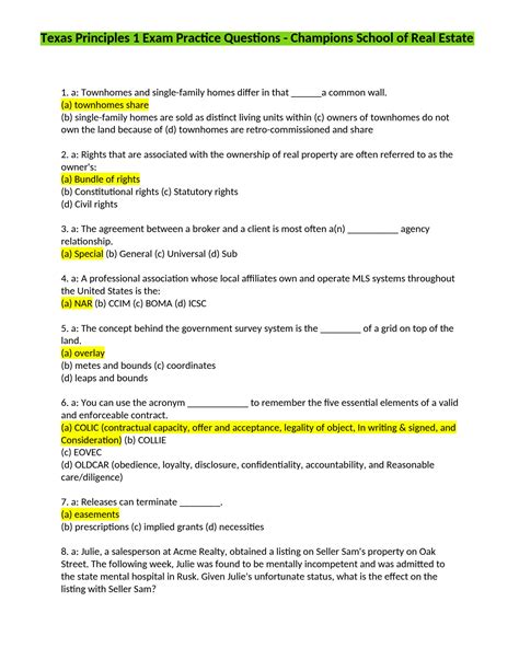 SOLUTION Texas Principles 1 Exam Practice Questions Champions School