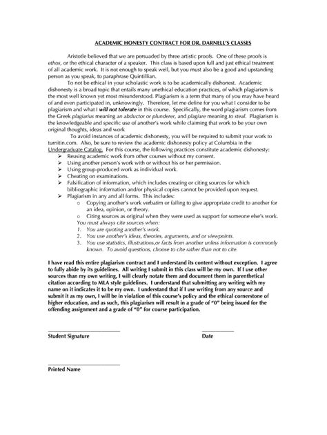 Fillable Online ACADEMIC HONESTY CONTRACT FOR DR DARNELLS CLASSES Fax