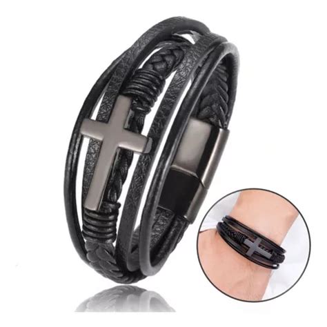 Pulseira Executiva Masculina De Couro Tribal Cruz Negra Feng