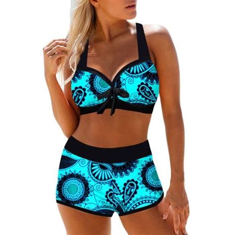 Maillot de Bain 2 Pièces Bikini Femme Chic Vintage Taille Haute Bikini Set Push Up Taille Haute