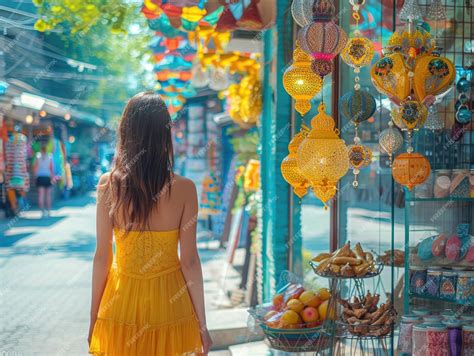 Premium Photo A Young Woman Wearing A Yellow Dress Is Shopping